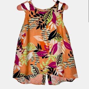 Tropical Leaf Print Linen Sleeveless High-Low Top by Kaari.  Women’s sized M